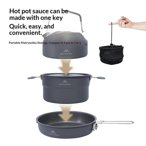 Camping Cooking Kit for 3-4 People | Includes pot, frying pan and kettle | Lightweight and portable, ideal for camping.